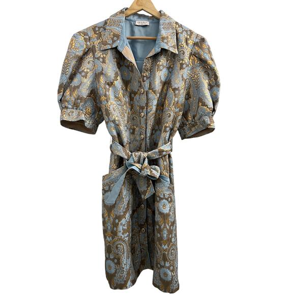 Sandro Orlan Metallic Jacquard Puff Sleeve Mini Shirt Dress Blue/Gold EU 42 US 6 - Picture 3 of 11